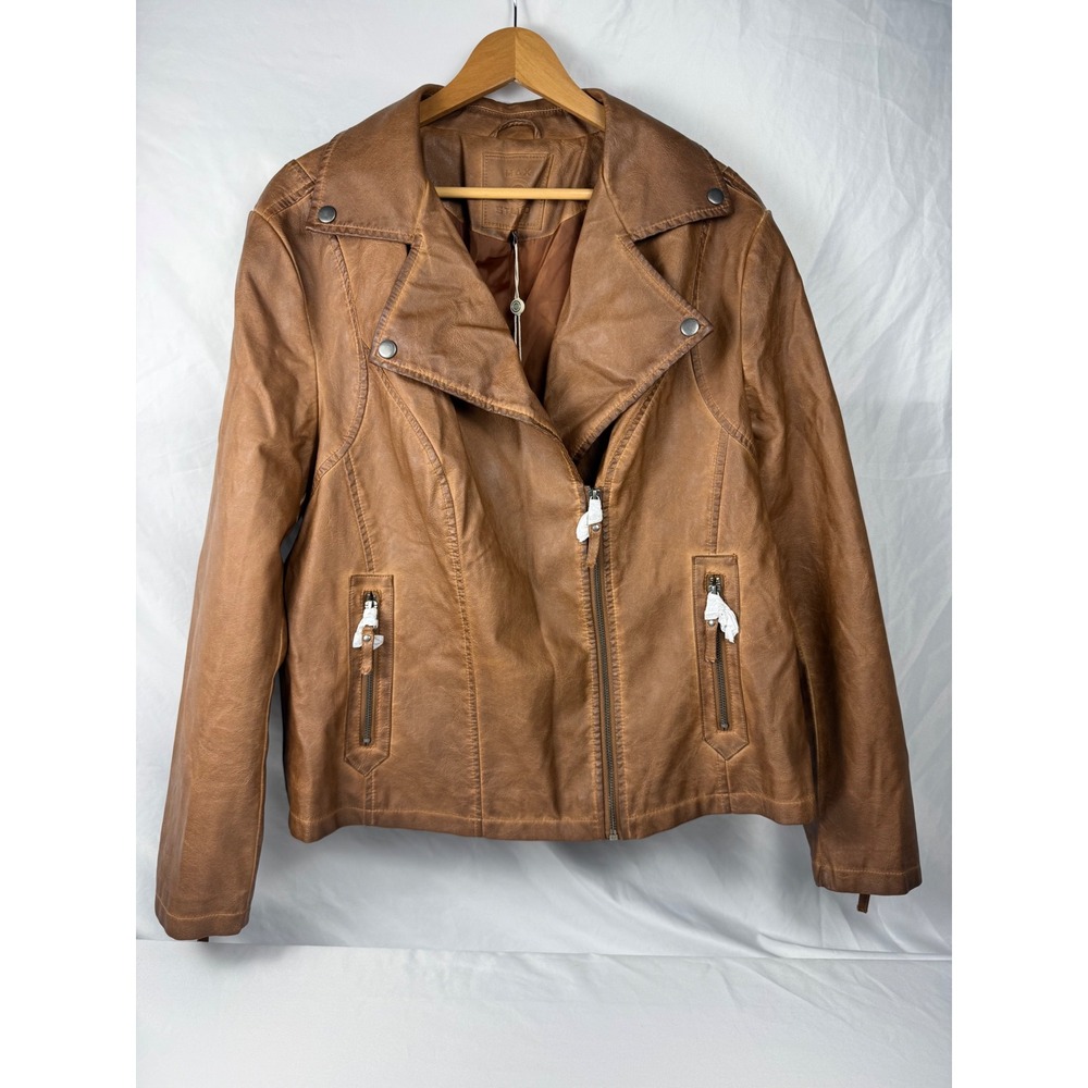 Max Studio XL Brown Faux Leather Moto Jacket NWT Cognac Biker